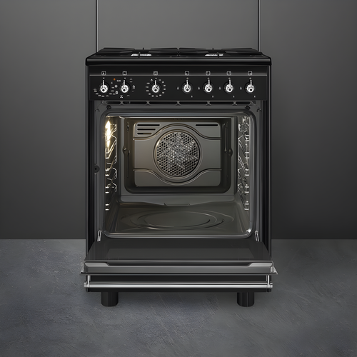 Smeg CX61GMBL Concert - Black Dual Fuel Cooker with Single Oven - 4 Gas Burners - 70L Capacity - A Energy Rating