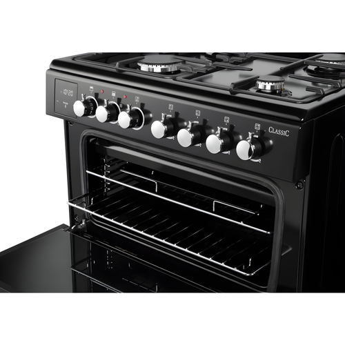 Rangemaster CLA60DFFBL/C - Black / Chrome Dual Fuel Cooker - Four Burners, 69/39 L Capacity, Double Oven - A Energy Rating